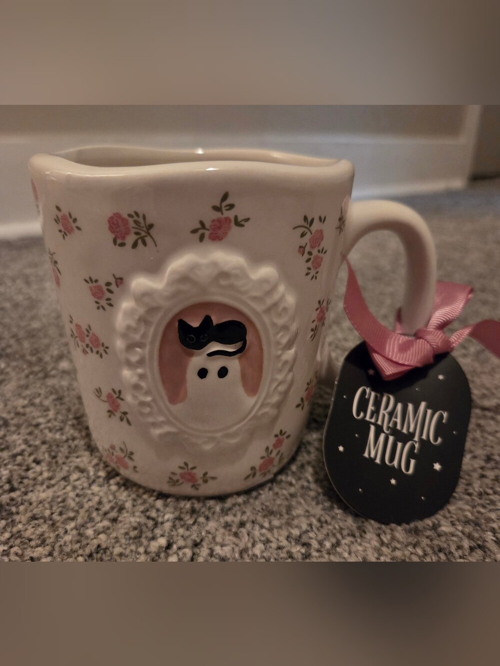 Ghost & Black Cat Mug With Rose Accents Halloween Cool Unique
